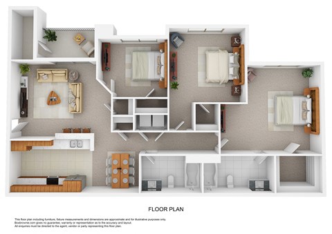 Floor plan for 3 beds, 2 baths, 1153 sqft